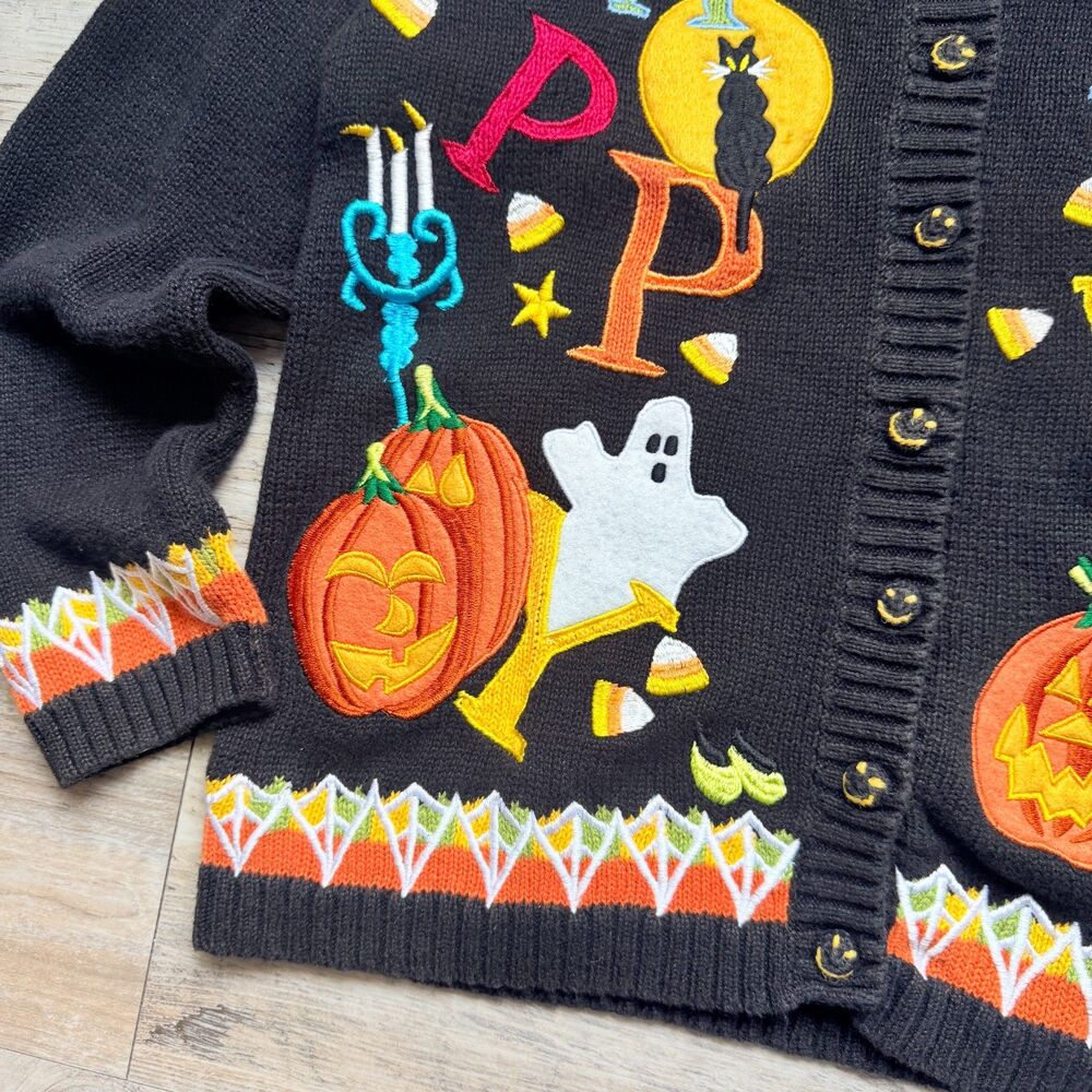 Vintage Halloween Sweater Cardigan Small 2001 Tiara International Ghost Pumpkin - Picture 13 of 13